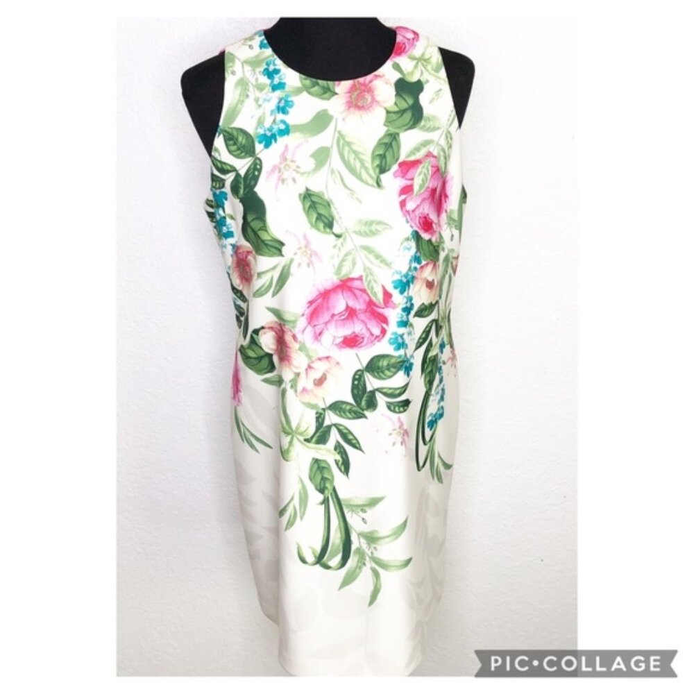 Eliza J cream pink green floral sleeveless sheath dress size 12 Petite 12P